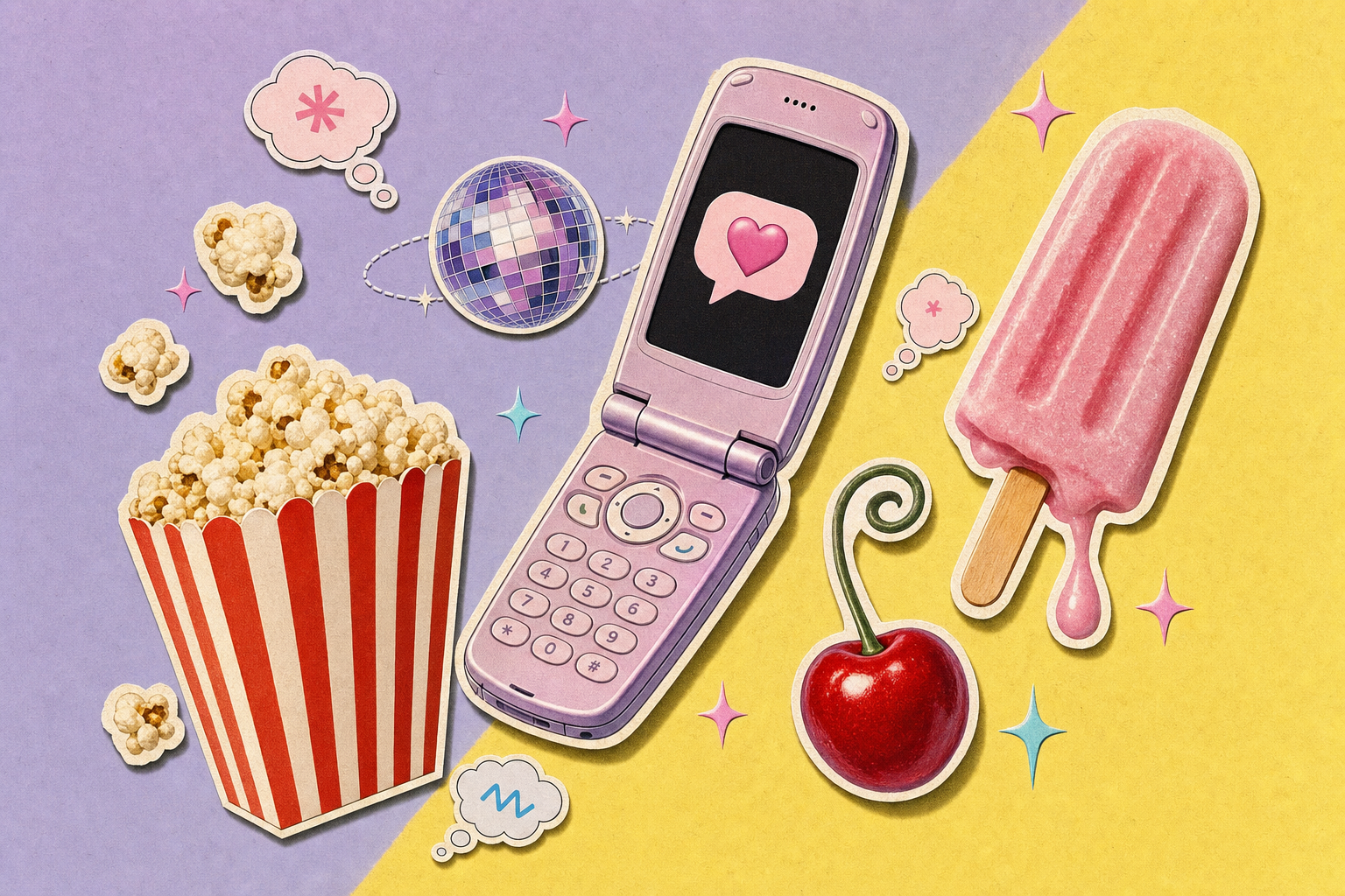 Collage editorial estilo magazine: teléfono vintage con burbuja de corazón, caja de palomitas, paleta derritiéndose y cereza sobre fondo pastel lavanda y amarillo, evocando juegos secretos en pareja fuera de casa