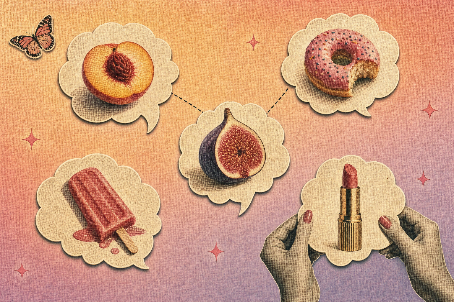 Collage editorial: cinco burbujas de mito sobre el sexo en pareja, paráfrasis con duraznos, donas y rosas, fondo pastel.