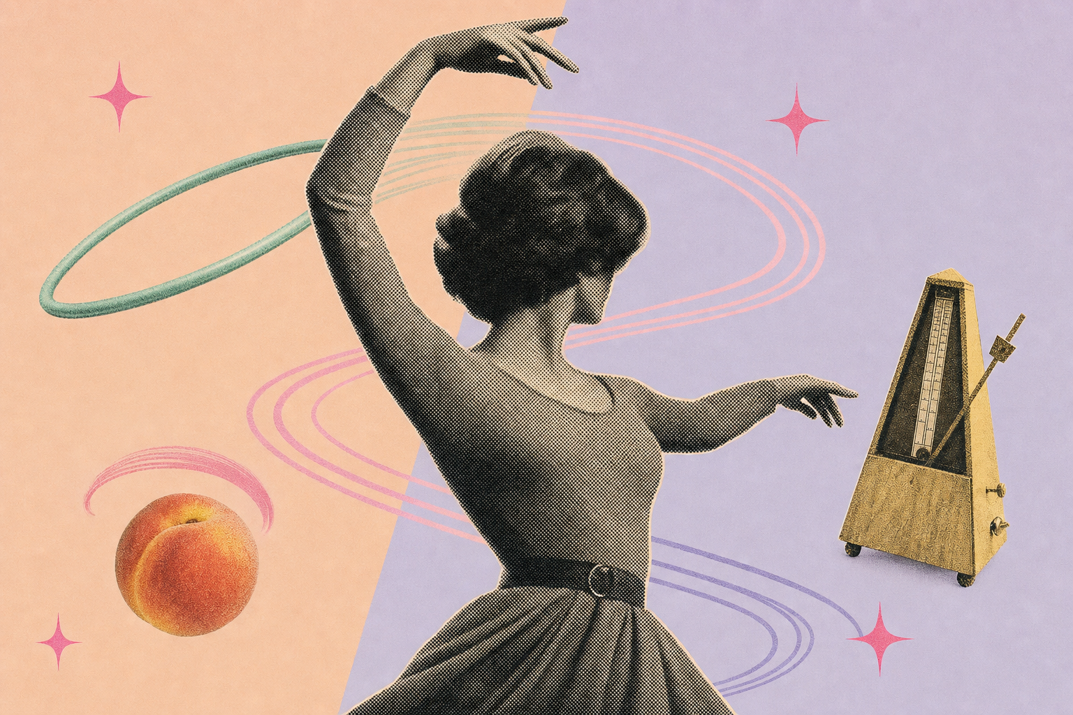 Collage editorial vintage de una bailarina de los anos 60 en pleno giro junto a un hula hoop, un metronomo y un durazno con lineas de movimiento, simbolizando el ritmo y la disociacion de caderas como habilidad aprendida