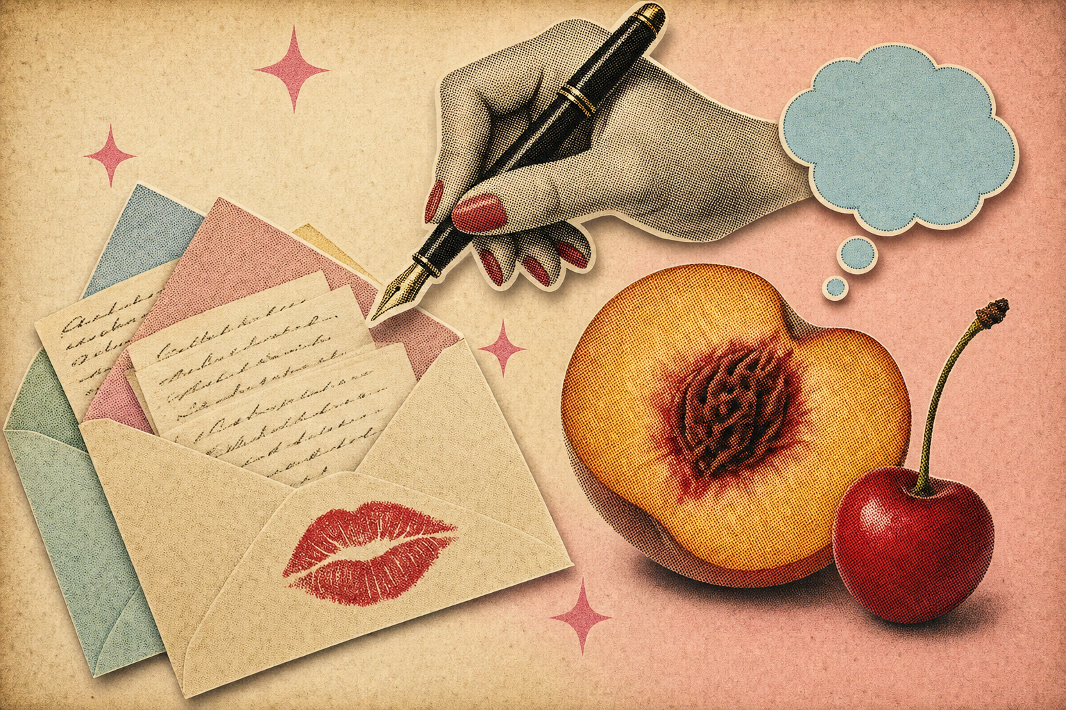 Collage editorial vintage con sobre rosado abierto, beso de lipstick rojo, durazno y cereza sobre fondo crema; mano sosteniendo una pluma estilográfica.