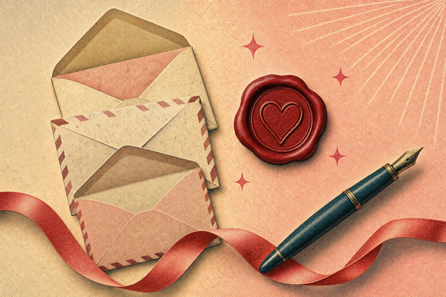 Collage editorial estilo halftone con tres sobres de carta vintage, un sello rosa, una pluma fuente y rayos de sol sobre fondo crema y rosa pastel, evocando correspondencia íntima de la comunidad