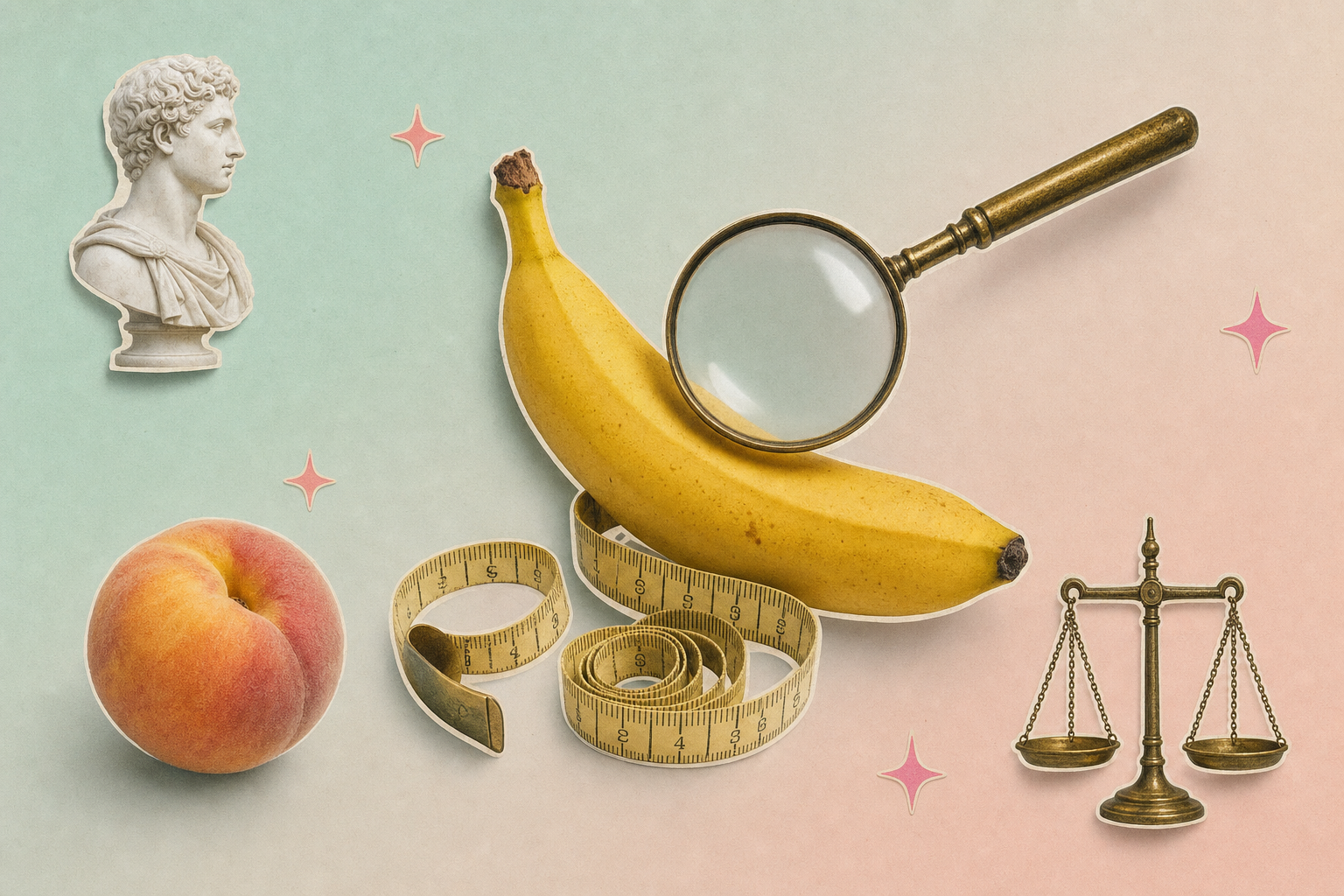 Collage editorial pastel: busto clásico de mármol, una banana con cinta métrica enrollada, un durazno, una lupa de bronce y una pequeña balanza antigua sobre fondo menta y rosa con destellos rosados — la ciencia frente a los mitos del tamaño.