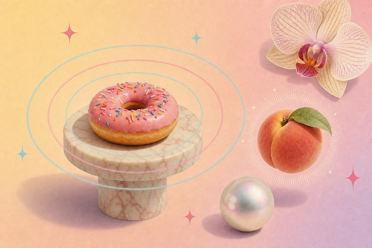 Collage editorial pastel: dona rosa con chispas sobre un pedestal de mármol con ondas de sonido, un durazno con halo de brillos, una perla iridiscente y una orquídea pálida