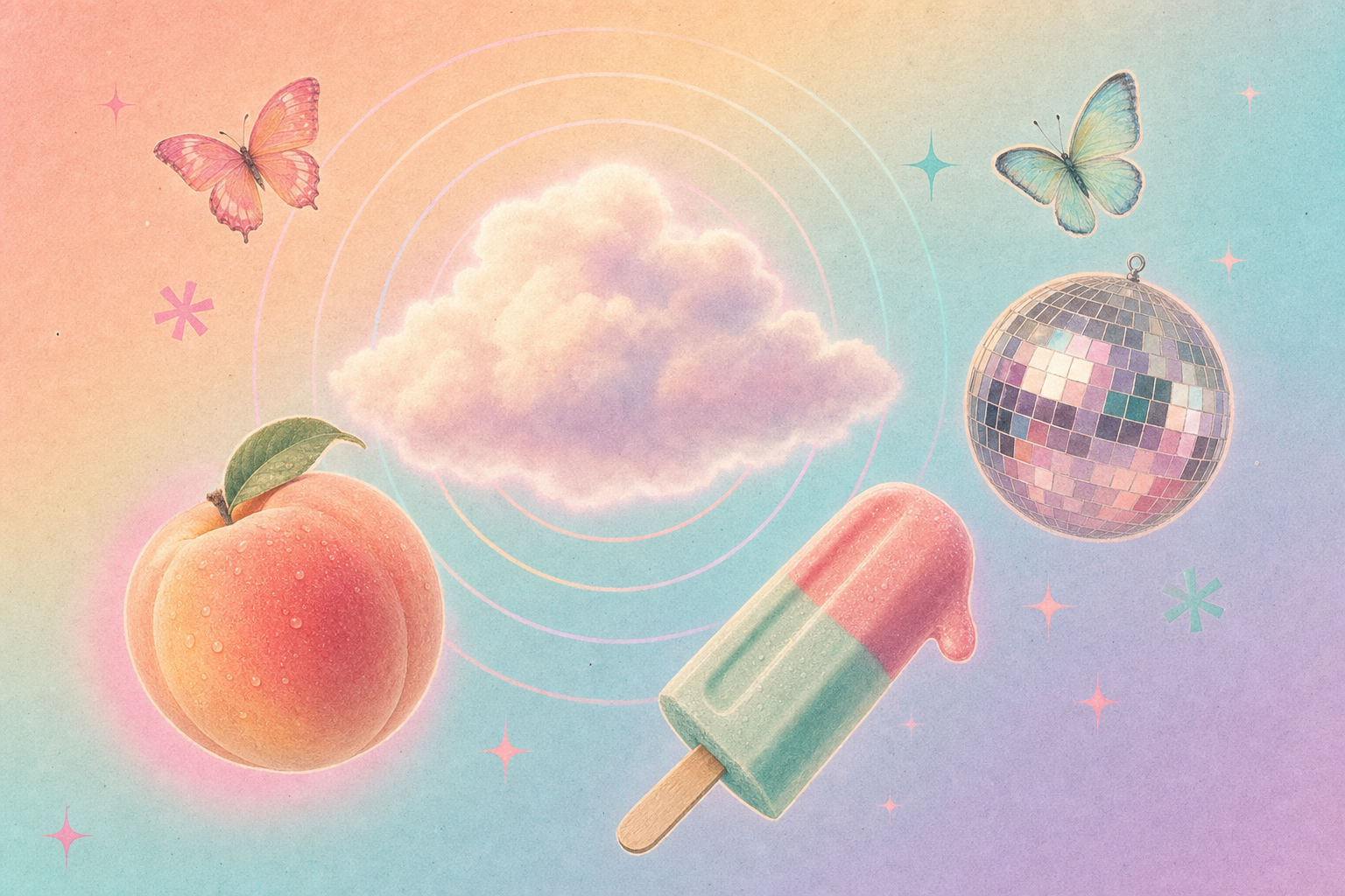 Collage editorial pastel: nube suave, durazno con halo, paleta helada, bola de espejos y ondas de sonido — descubrimiento gentil para principiantes