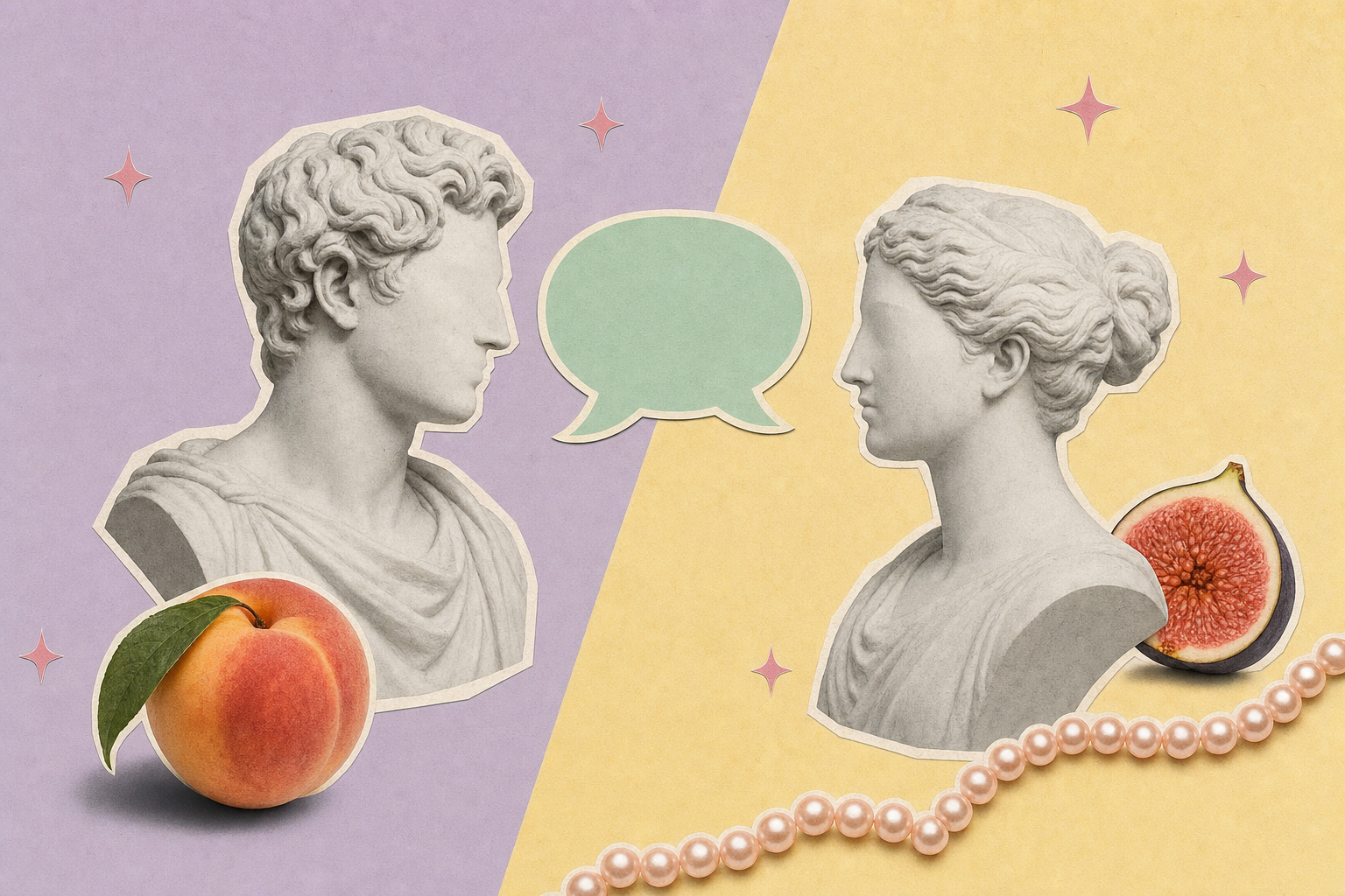 Collage editorial con dos bustos clásicos de mármol enfrentados, una burbuja de diálogo en pastel, un durazno, una rama de perlas y un higo abierto sobre fondo lavanda y crema.