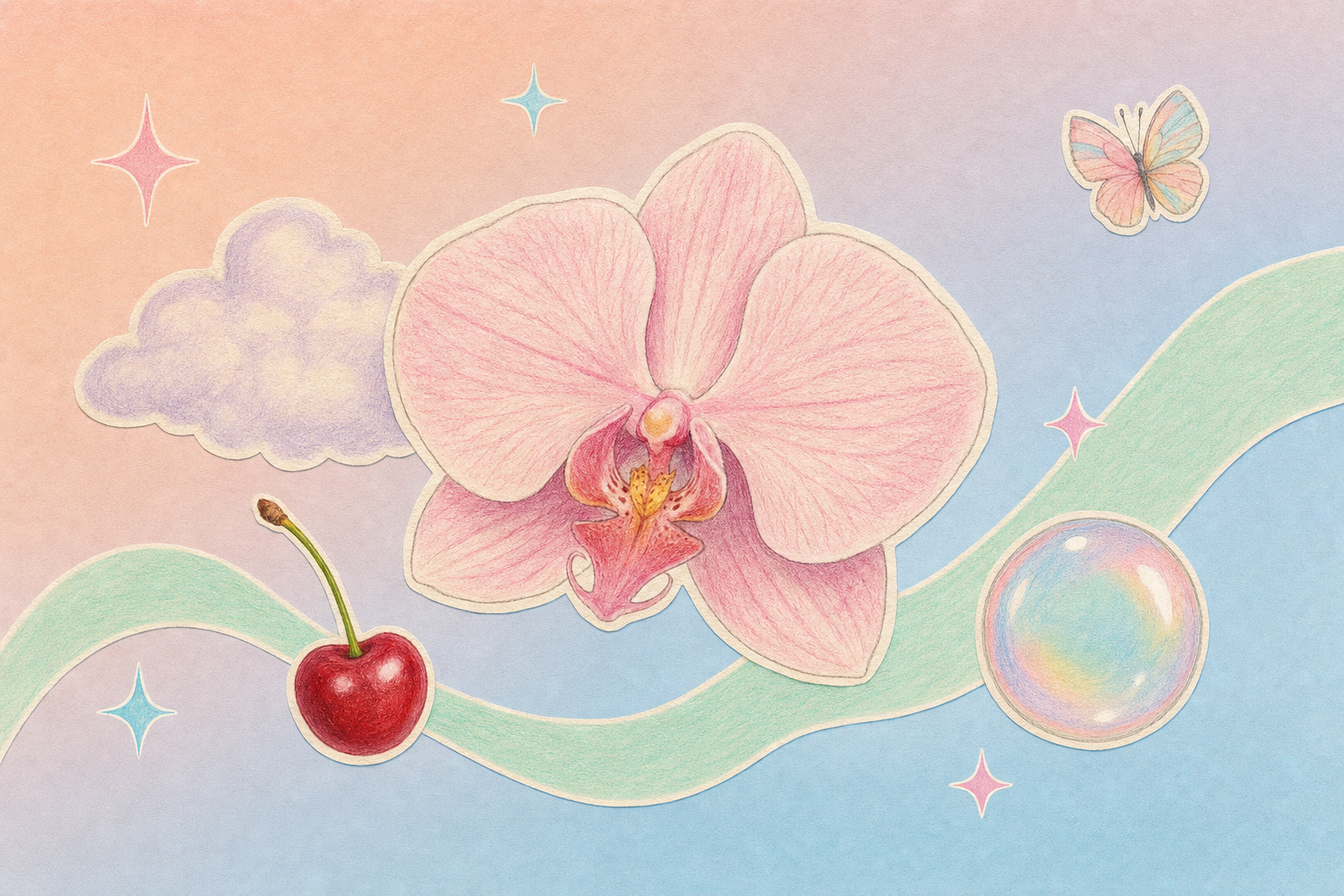 Collage editorial en tonos pastel con una orquídea delicada, una cereza, una nube y burbuja de jabón sobre fondo rosa y azul