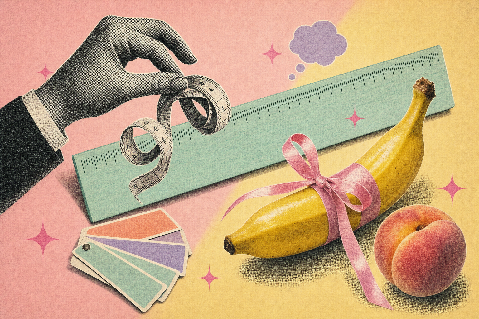 Collage editorial vintage de cinta métrica, regla y banana con cinta — guía de tallas de condón