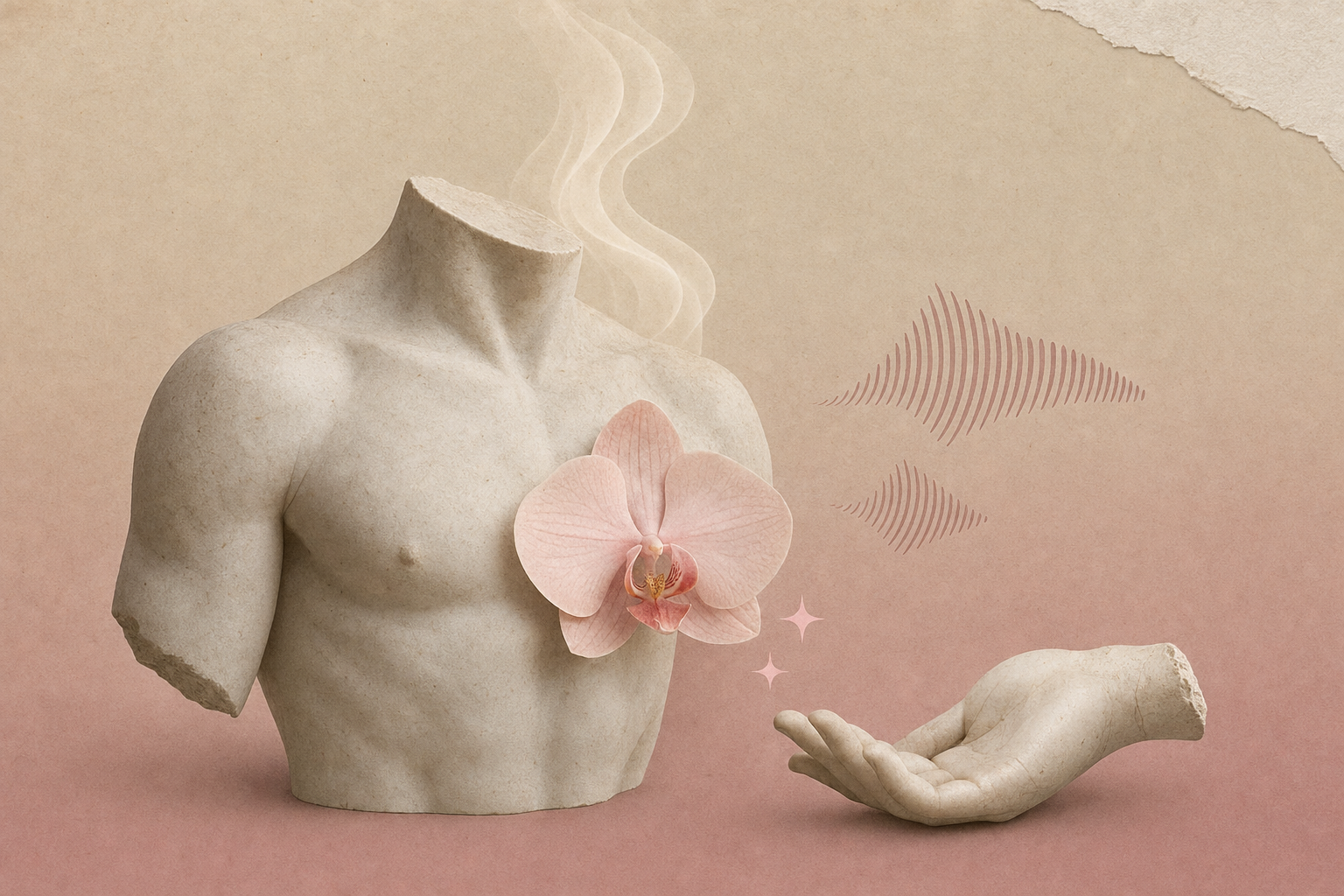 Collage editorial con torso de estatua clásica, una flor de orquídea y olas de sonido en tonos pastel