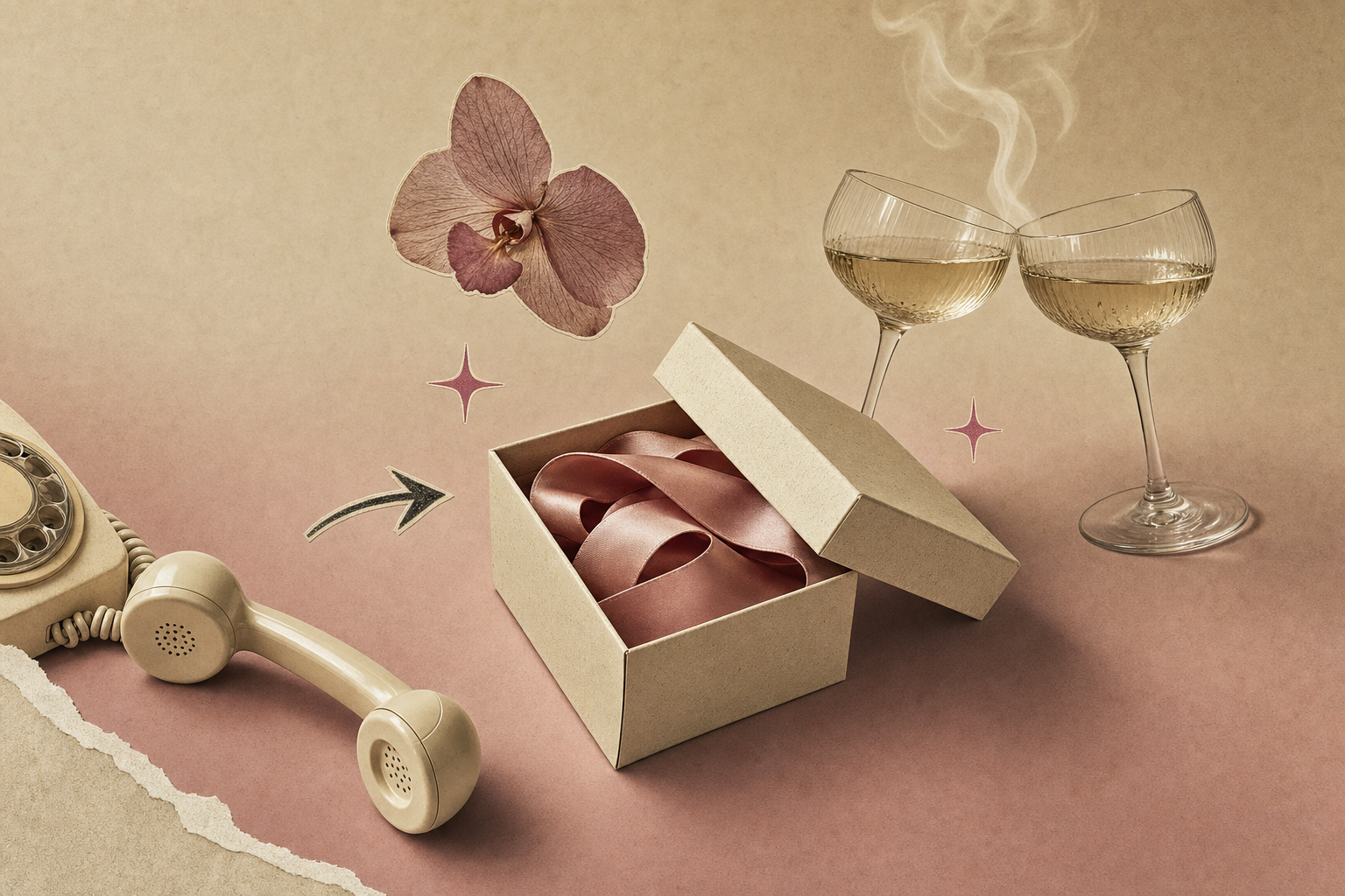Collage editorial con caja de regalo abierta, listón de seda, pétalos de orquídea y dos copas de champaña en tonos pastel