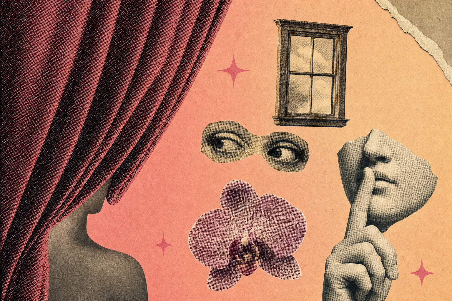 Collage editorial estilo magazine cutout sobre el deseo de ser visto en la intimidad