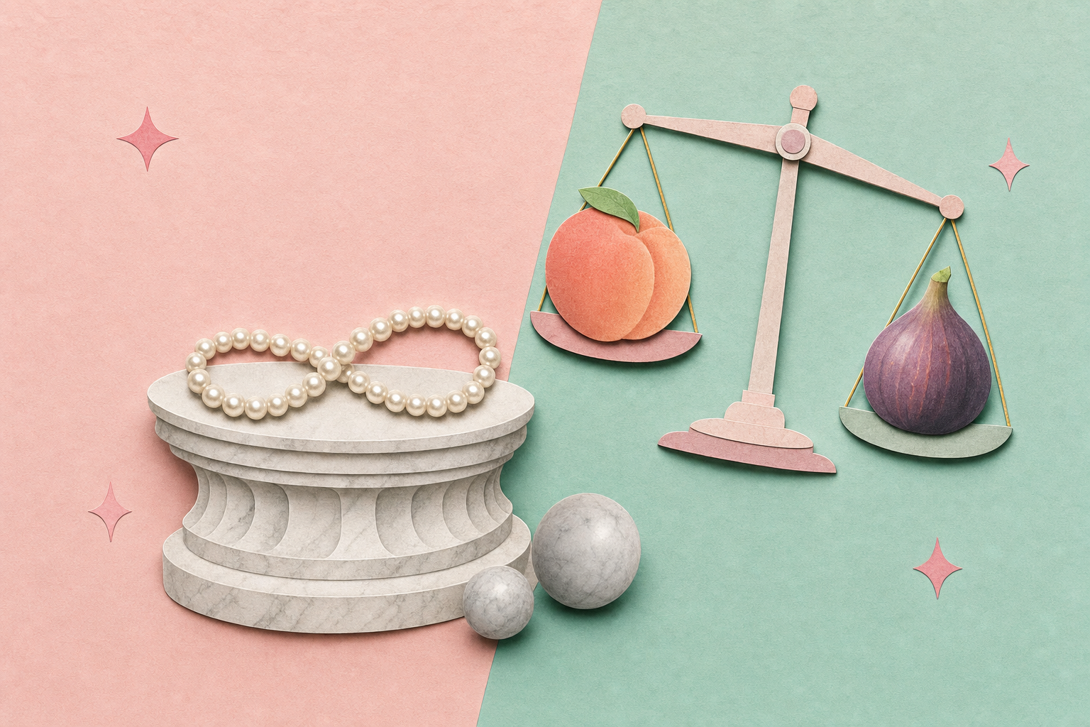 Collage editorial: pedestal de mármol con collar de perlas y pequeña balanza con frutas, comparando dos herramientas de entrenamiento del suelo pélvico