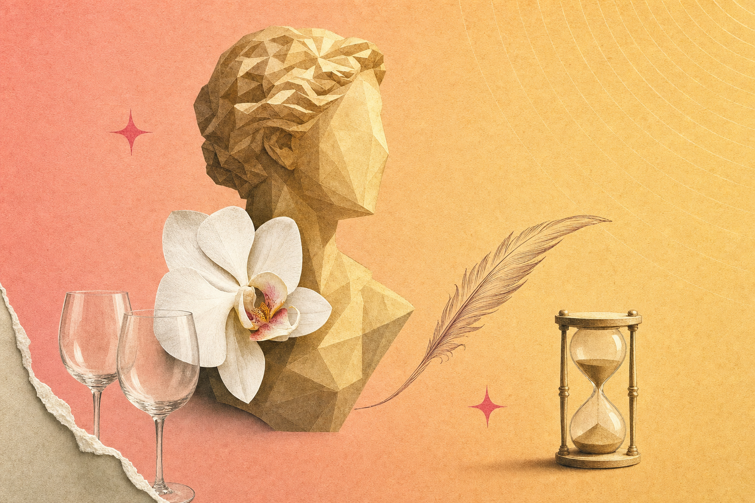 Collage editorial estilo clip art onírico con un perfil de busto griego sin rostro, una orquídea blanca abierta, dos copas de vino vacías y un reloj de arena en tonos pastel rosa coral y dorado