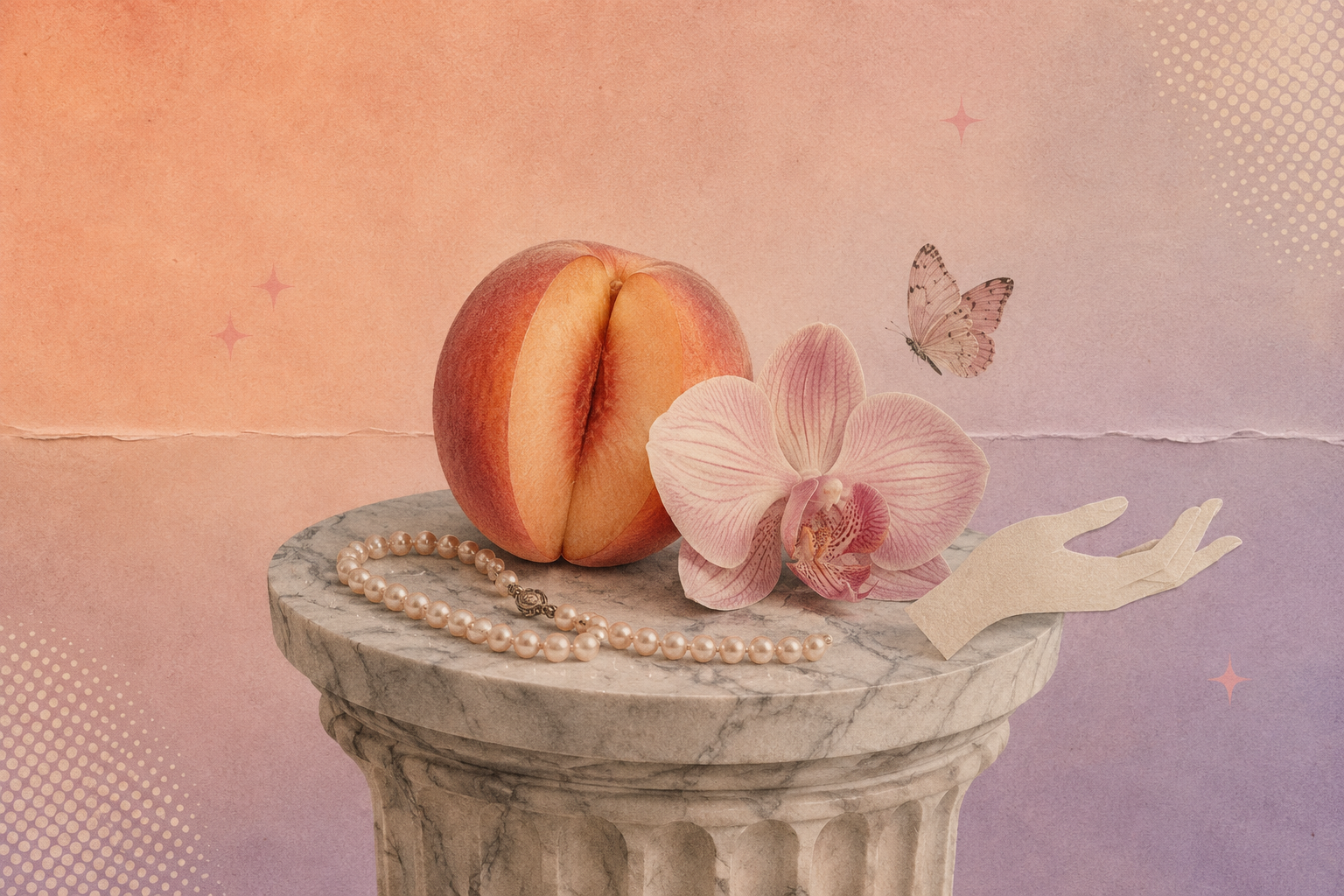 Collage editorial estilo magazine con un durazno suave, una orquídea y elementos pastel que evocan calma y reconexión postparto