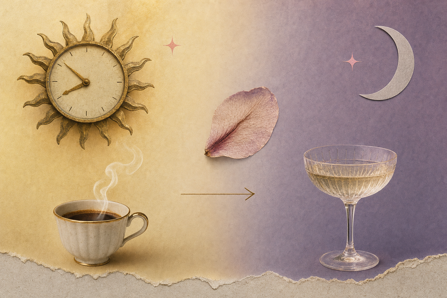 Collage editorial con dos relojes de sol, una taza humeante y una luna creciente sobre fondo pastel