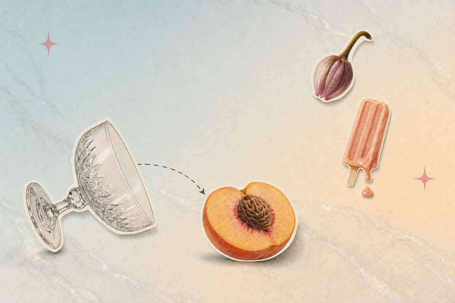 Collage editorial: copa de vino vacía cubierta con dona y durazno, fondo pastel — paráfrasis del sexo sobrio.