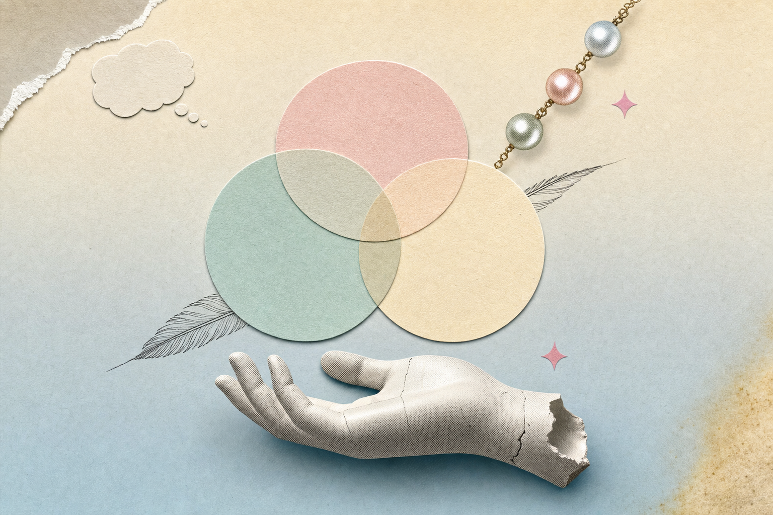 Collage editorial estilo marble modern con tres círculos de papel pastel superpuestos en chalk, una mano de porcelana abierta y una pequeña cadena de tres perlas en tonos pastel champaña y celeste
