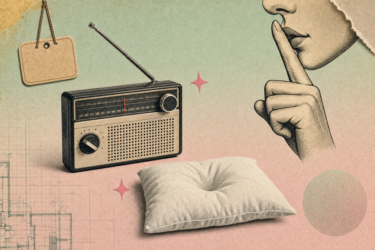 Collage editorial halftone vintage con una radio receptora vintage con perilla baja, una almohada con marca de cabeza, un dedo en la boca sin rostro y un letrero pequeño tipo \"no molestar\" colgando en tonos pastel verde menta y rosa