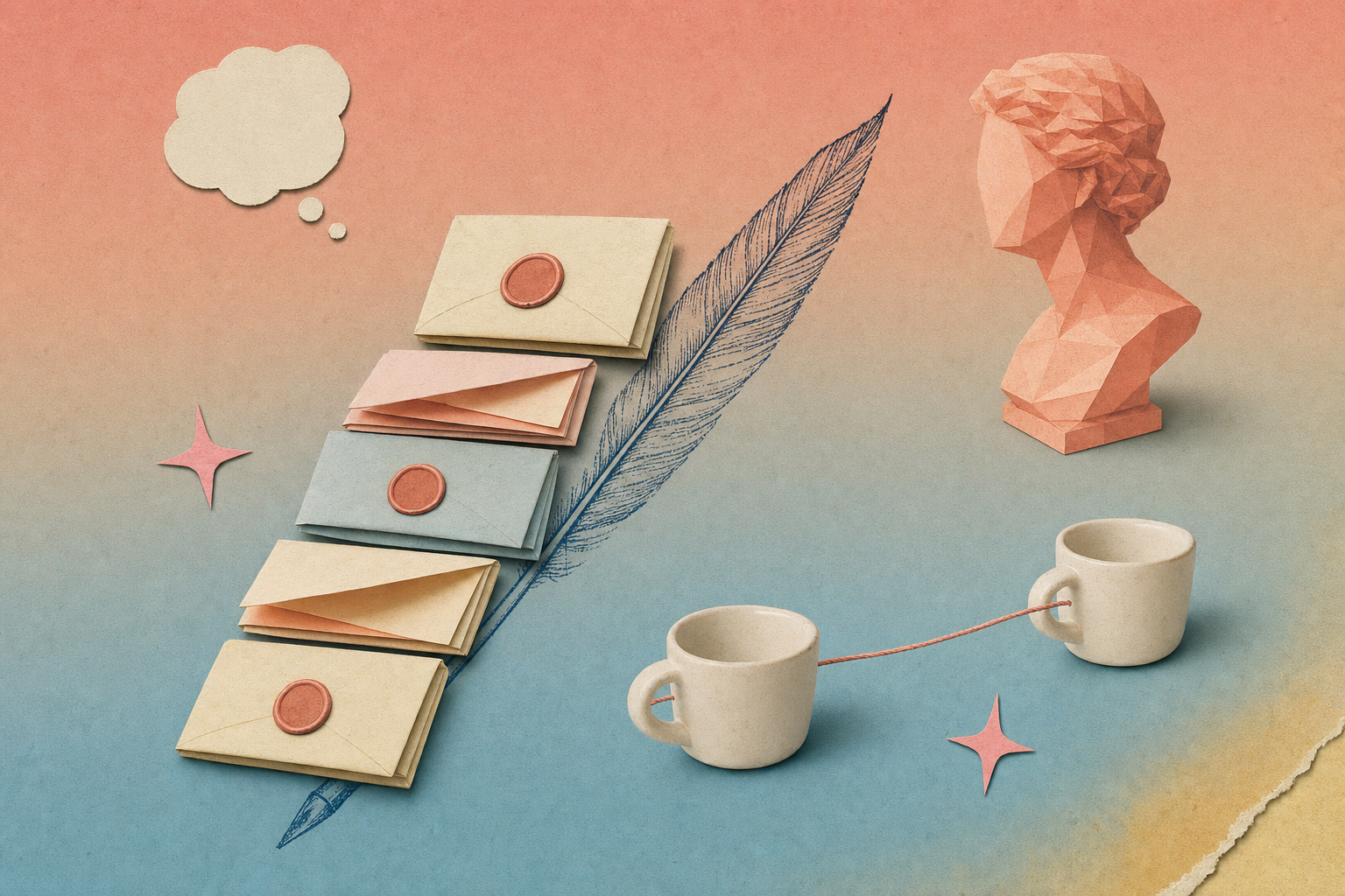 Collage editorial clip art dream con cinco notas dobladas de papel apiladas, un par de tazas de cerámica unidas con un cordón fino y un pequeño busto griego sin rostro en tonos pastel coral y celeste
