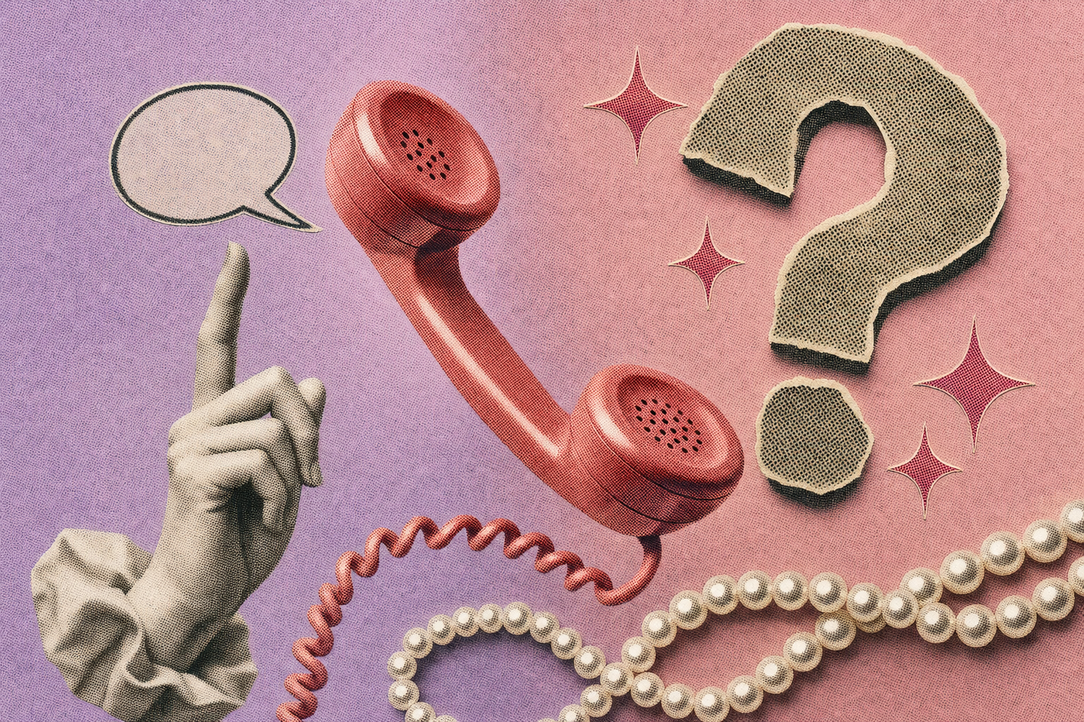 Collage editorial estilo halftone con un teléfono rotario vintage, un signo de interrogación de periódico, una mano apuntando y una orquídea sobre fondo lila y rosa, simbolizando los mitos del placer femenino corregidos