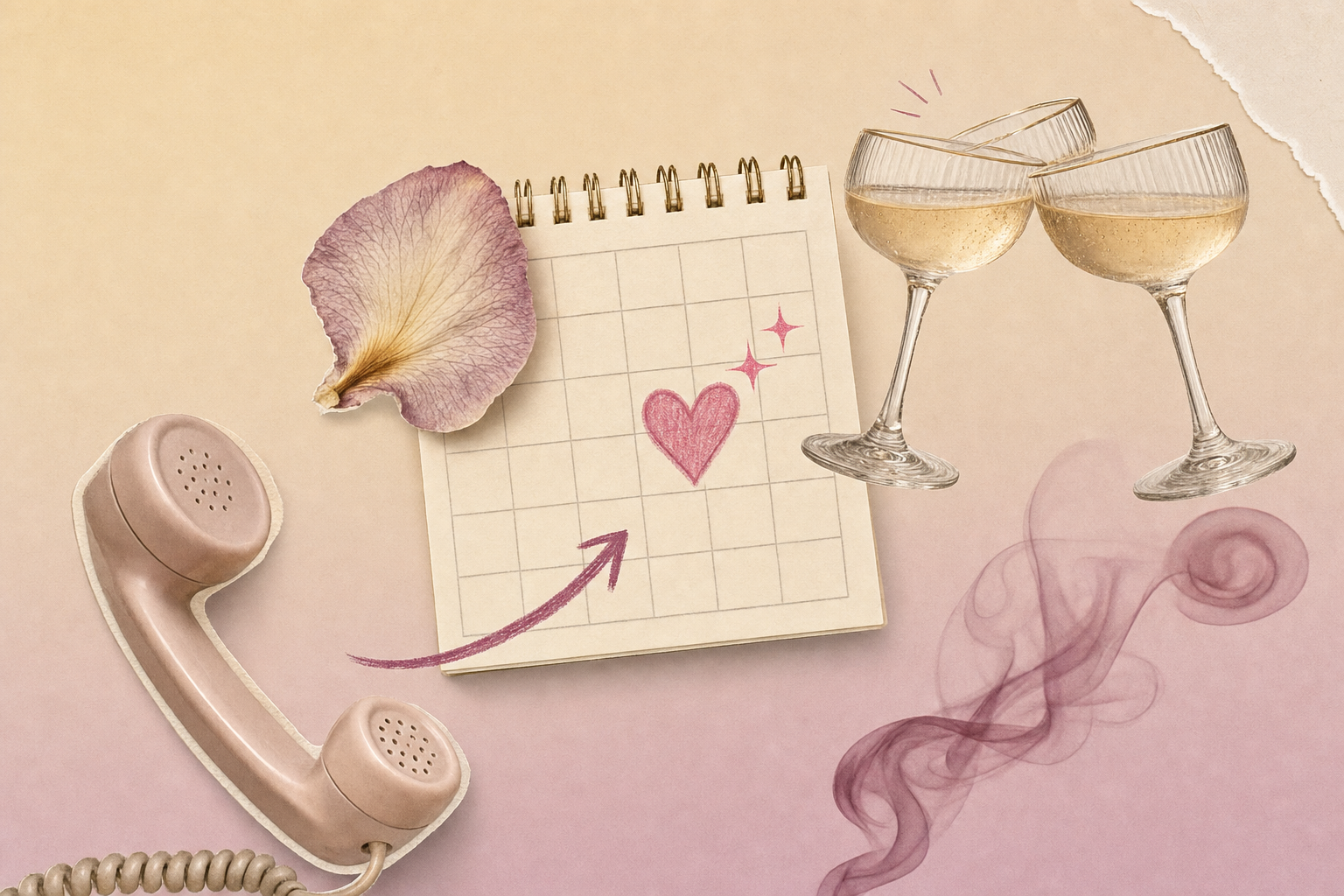 Collage editorial con calendario de pared marcado con corazón, dos copas y pétalos de orquídea en tonos pastel