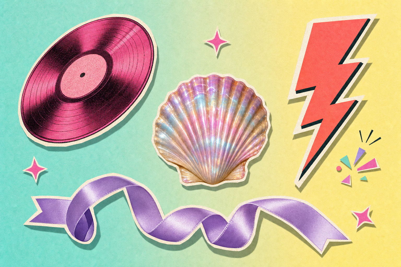Collage editorial estilo clip art con un disco de vinilo, una concha de mar, un rayo dorado y una cinta de seda sobre fondo turquesa pastel y crema, simbolizando la elección entre tres tipos de juguete sexual