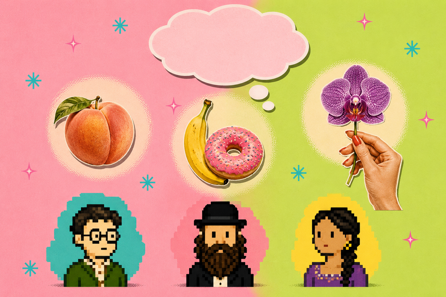 Collage retro estilo magazine con tres figuras pixeladas estilizadas, una orquídea, un durazno y un donut sobre fondo pastel rosa y verde lima