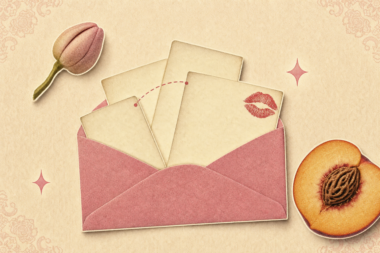 Collage editorial: sobre rosado abierto con cuatro tarjetas, beso de lipstick, durazno y orquídea sobre papel marfil.