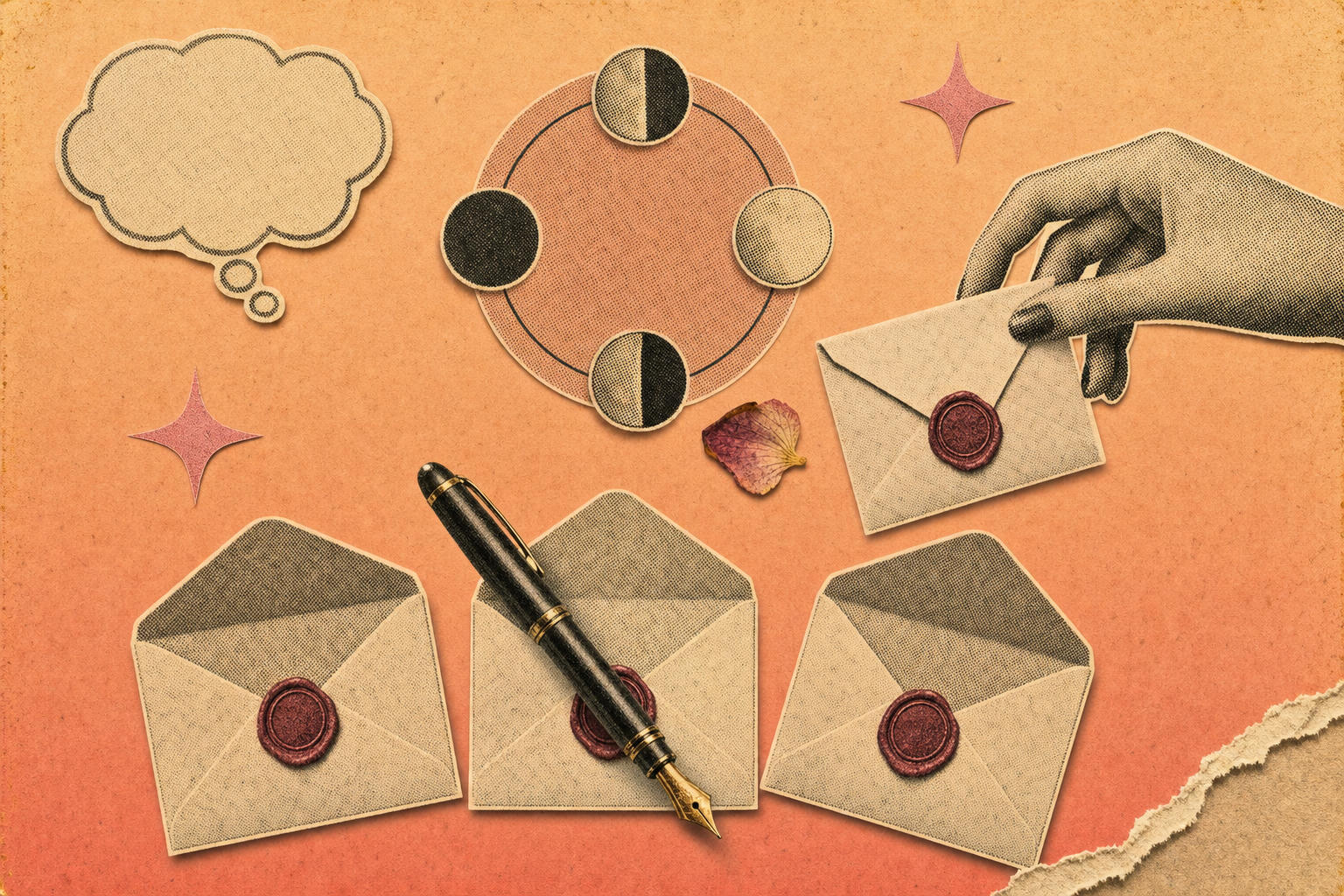 Collage editorial con tres sobres abiertos, un calendario circular de fases lunares y un signo de interrogación en tonos pastel