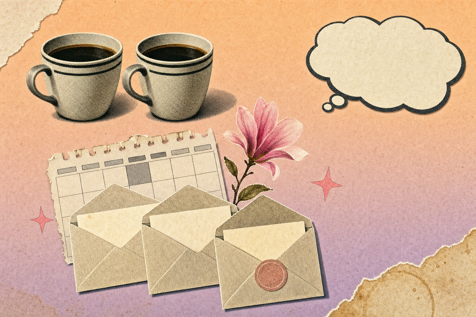 Collage editorial estilo recortes vintage con tres sobres abiertos sobre páginas de calendario, dos tazas de café y una pequeña flor de magnolia en tonos pastel durazno y lila