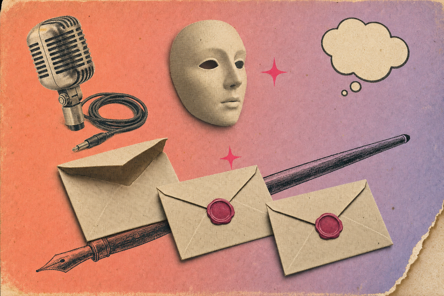Collage editorial estilo pixel satire con tres sobres abiertos apilados, una pequeña máscara de teatro neutral, un micrófono vintage y una pluma fina en tonos pastel coral y lila