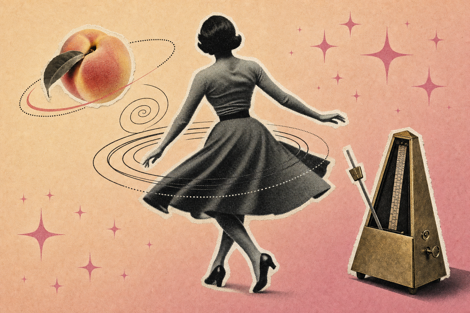Collage editorial vintage con bailarina en medio giro, metrónomo de bronce, melocotón pastel y arcos de movimiento sobre fondo rosado