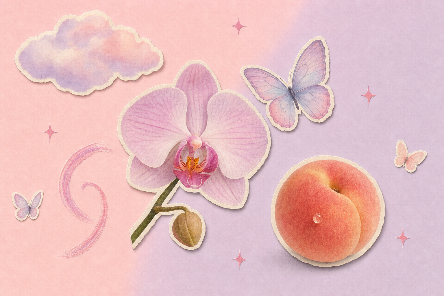 Collage editorial pastel con una orquídea delicada, una mariposa y un durazno entre nubes suaves y destellos rosados, evocando autodescubrimiento y bienestar