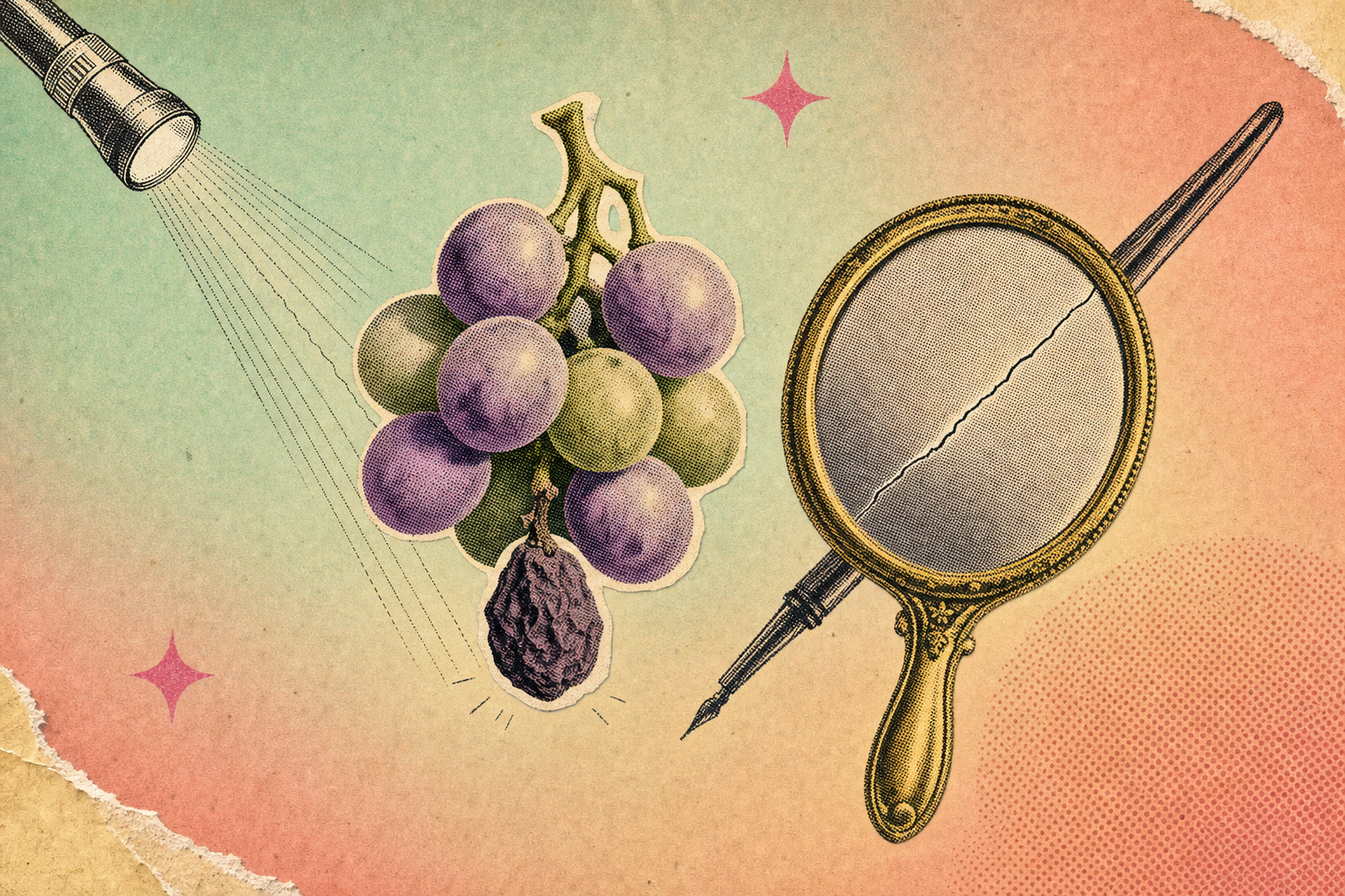 Collage editorial estilo halftone vintage con un racimo de uvas donde una está marchita, un espejo redondo con una pequeña grieta y un haz de luz de linterna en tonos pastel verde menta y coral