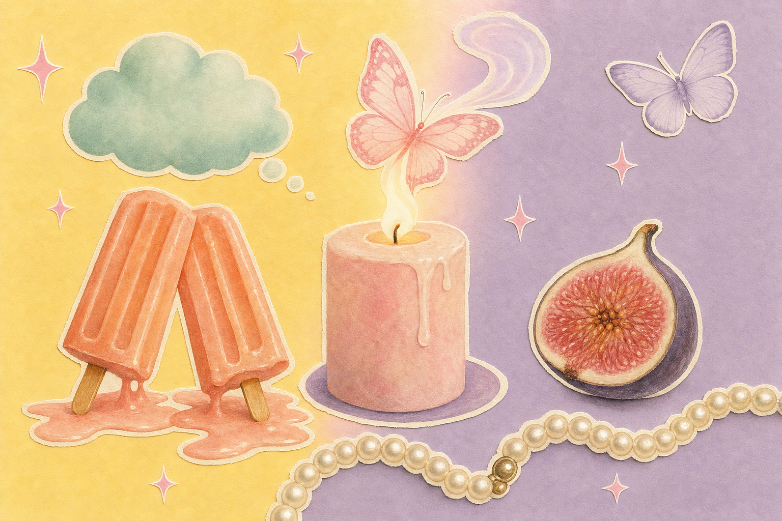 Collage editorial pastel con vela encendida cuya llama se transforma en mariposa, dos paletas de durazno derritiéndose juntas y un collar de perlas — metáfora visual de la pasión que se mantiene viva en pareja