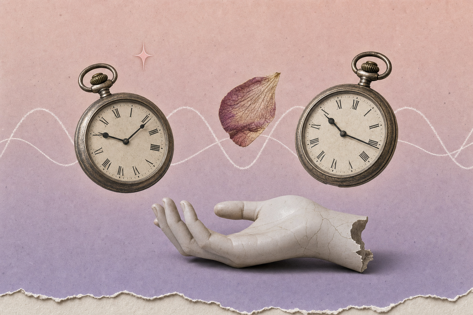 Collage editorial de dos relojes de bolsillo desfasados con un pétalo de orquídea y una onda sinusoidal en tonos pastel rosa y lila