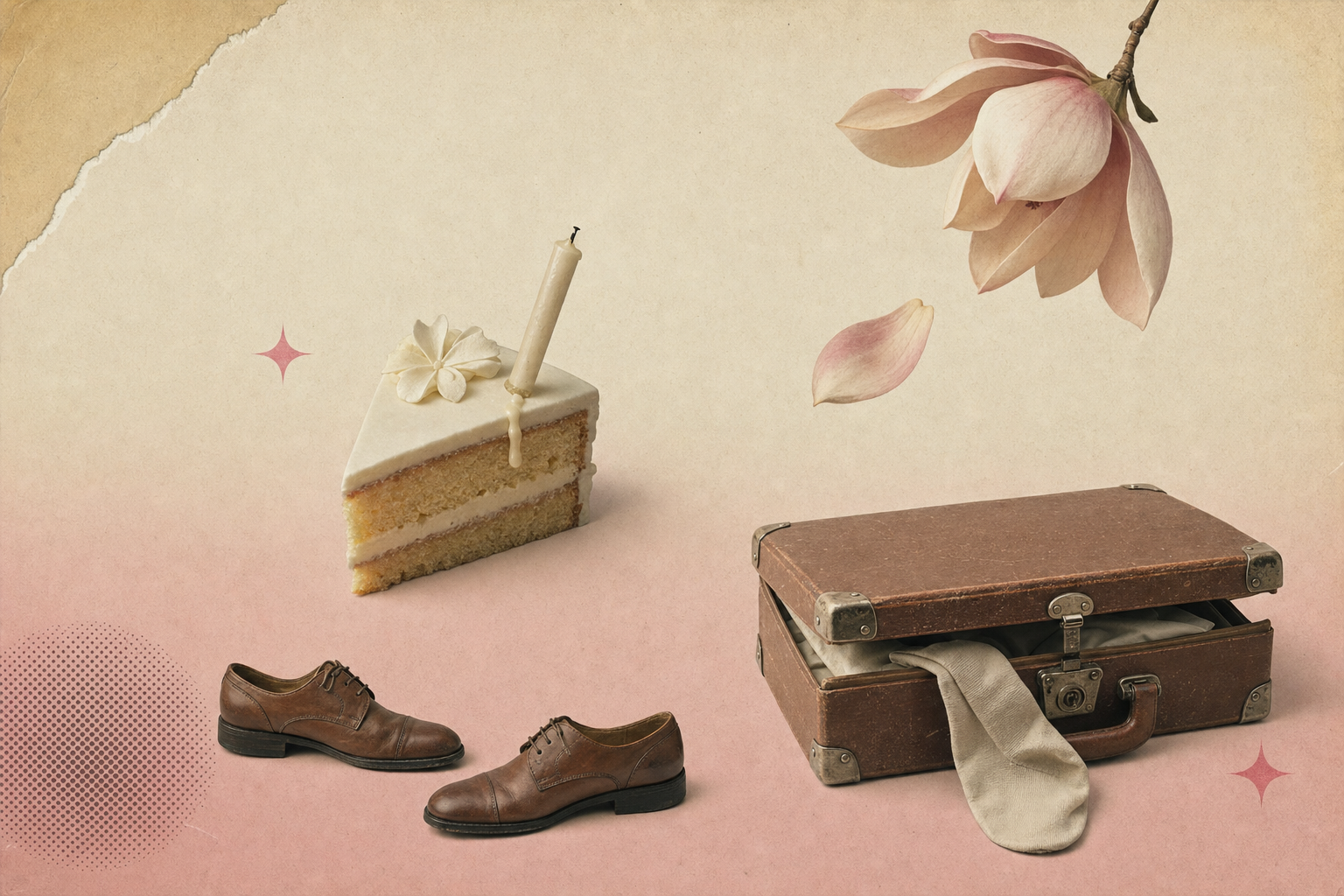 Collage editorial estilo marble modern con una rebanada de pastel de bodas con vela inclinada, una maleta vintage entreabierta y un par de zapatos formales mirando direcciones distintas en tonos pastel champaña y rosa pálido