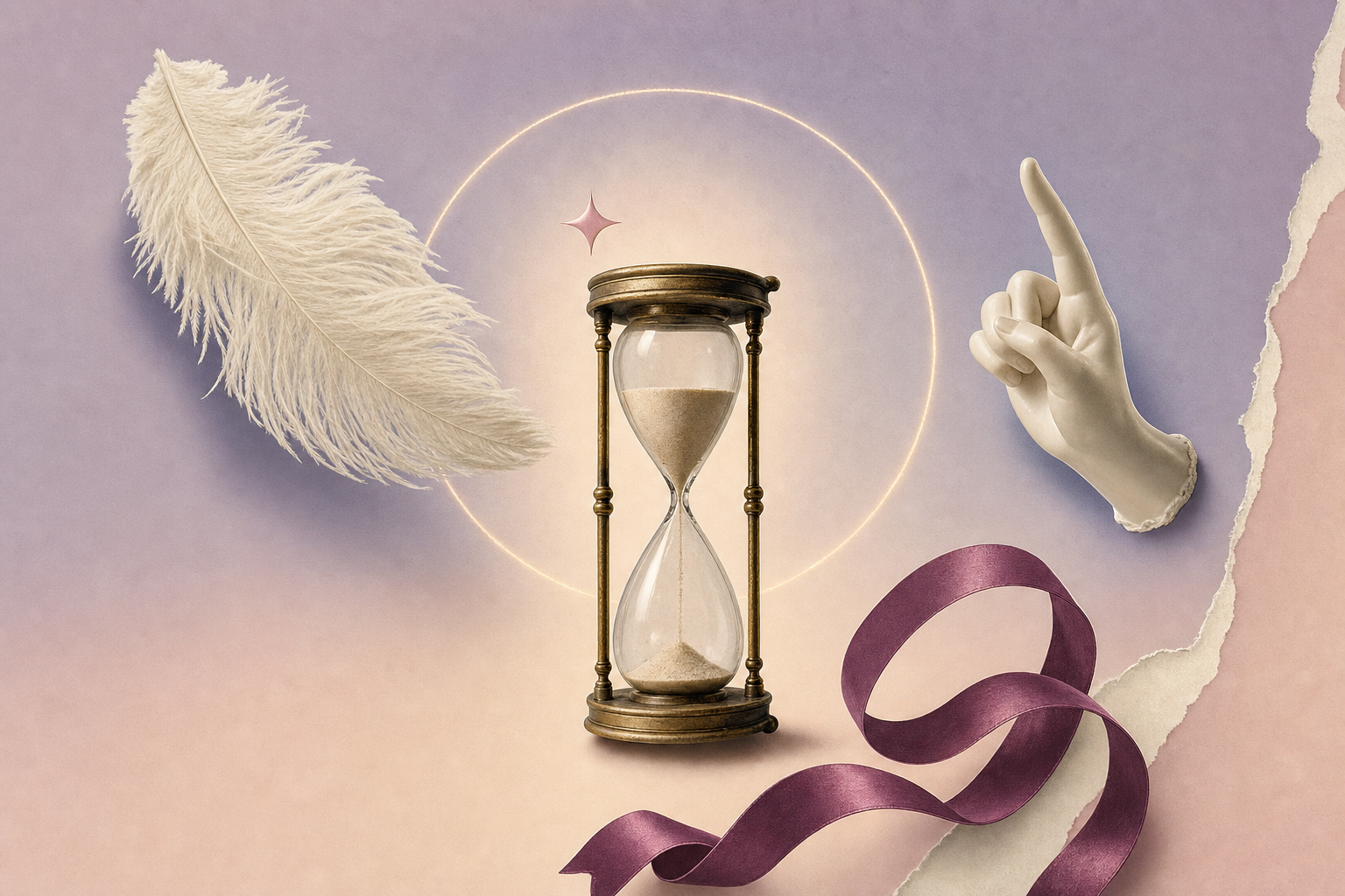 Collage editorial con reloj de arena, pluma y cinta de seda sobre fondo lila pastel
