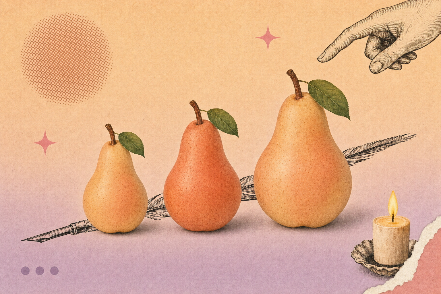 Collage editorial estilo clip art onírico con tres peras de tamaños escalonados, una mano dibujada con el dedo índice extendido y una pequeña vela encendida en tonos pastel durazno y lila
