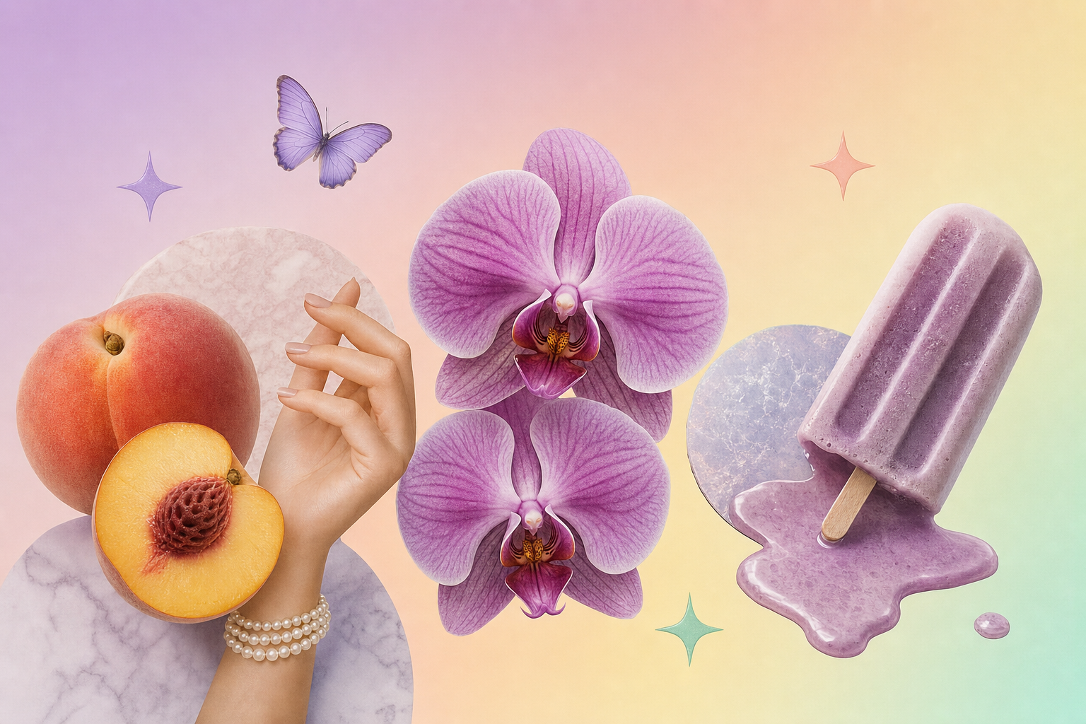 Collage editorial pastel: orquídea, durazno y paleta derretida sobre fondo lavanda — placer sin etiquetas Pride 2026