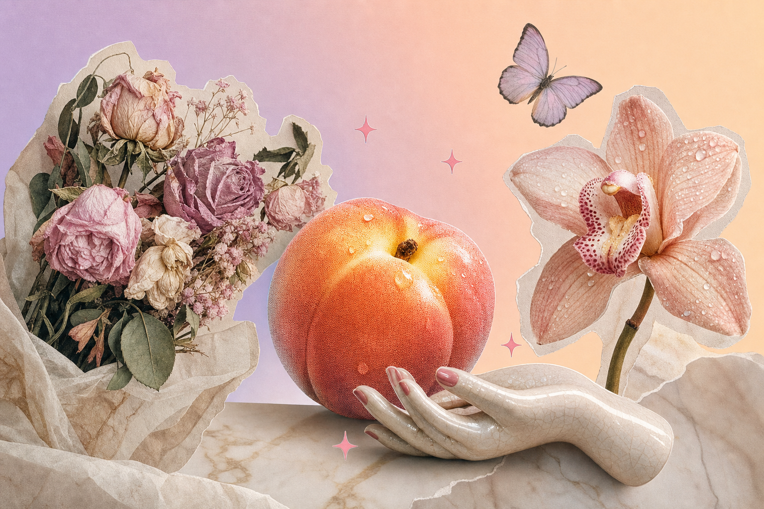 Collage editorial de un ramo de flores marchitas junto a un durazno fresco sobre fondo lila, simbolizando la transición del agotamiento al placer propio