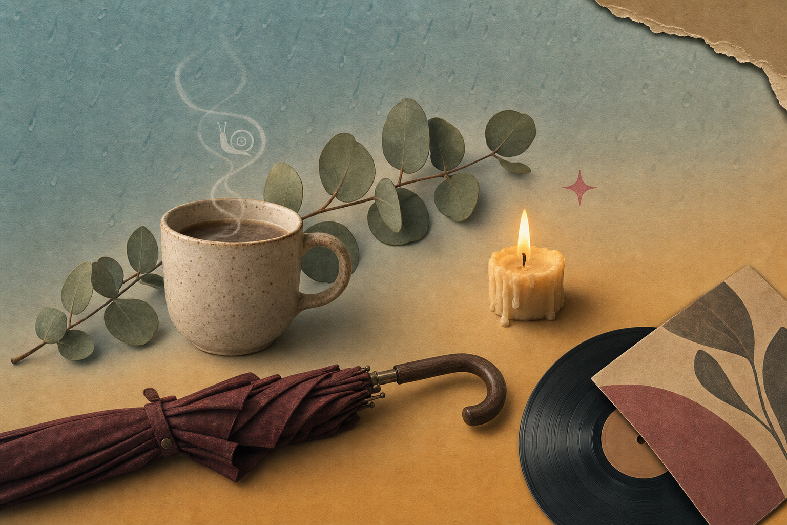 Collage editorial estilo recortes marmóreos con una taza humeante, una rama de eucalipto, una vela encendida y un paraguas vintage entre lluvia trazada en tonos pastel azul agua y ámbar cálido