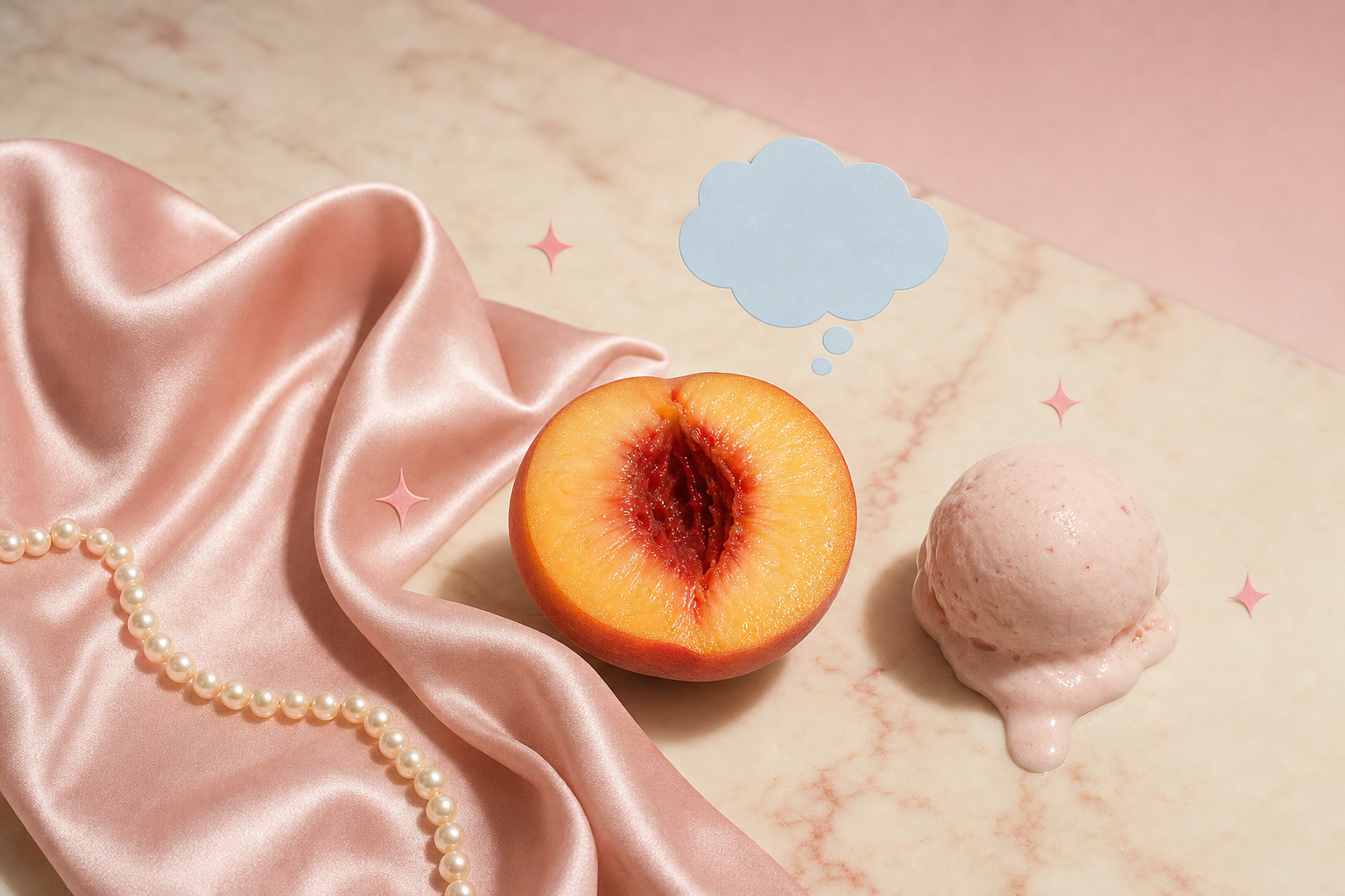 Collage editorial estilo marmolado moderno con seda rosa fluyendo, durazno maduro, helado derretido y collar de perlas sobre fondo de mármol crema con vetas rosadas.