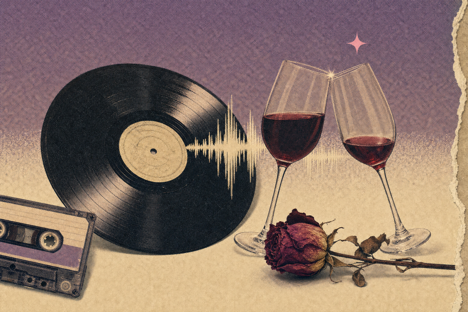 Collage editorial con disco de vinilo, dos copas de vino tinto y ondas sonoras suaves sobre fondo lila pastel