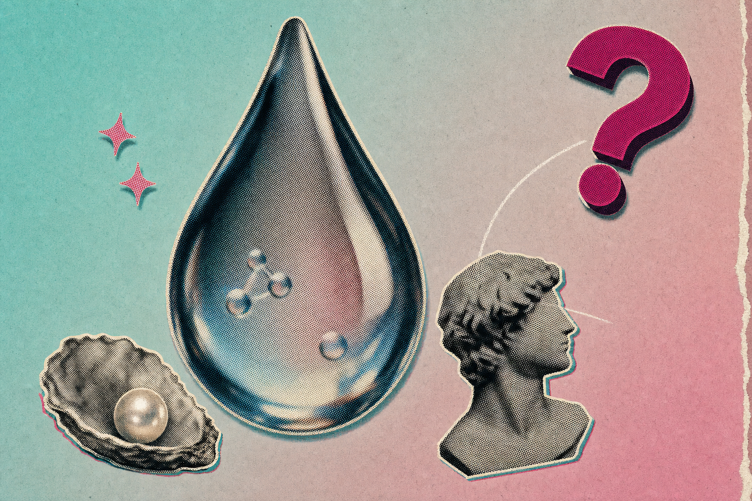 Collage editorial estilo halftone vintage con una gota de agua macro, un perfil de busto griego sin rostro y un signo de interrogación recortado sobre fondo pastel rosa y aqua