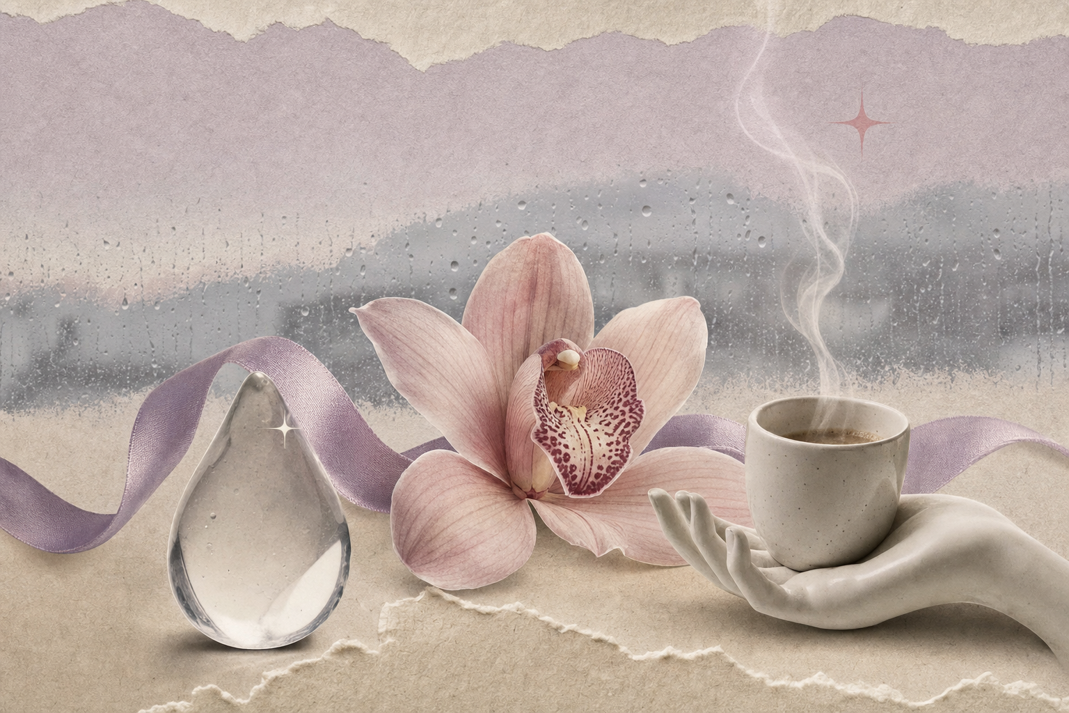 Collage editorial con gota de agua, orquídea rosada y mug de café humeante sobre fondo lila lluvioso