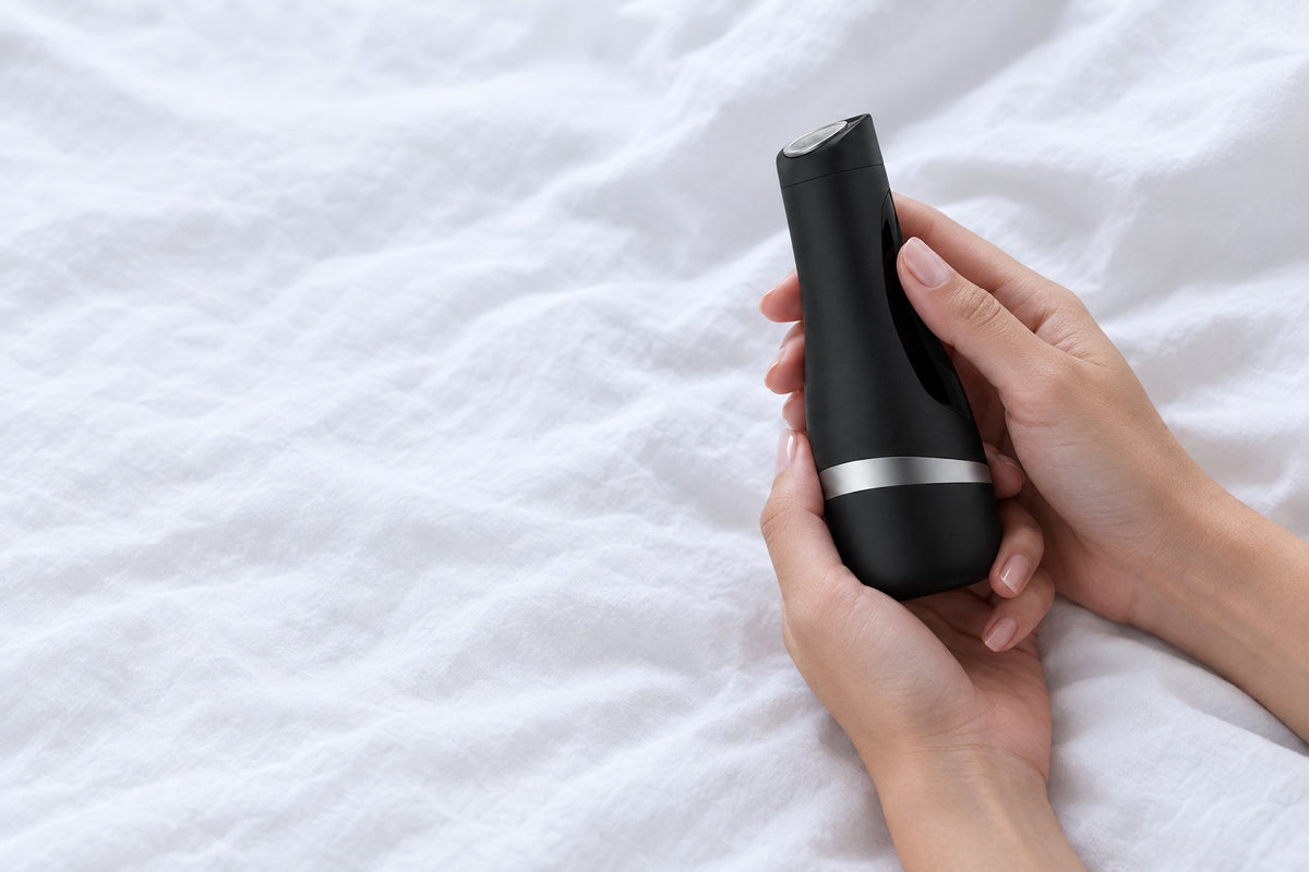 Manos sosteniendo un masturbador Satisfyer Men Classic sobre sábanas blancas